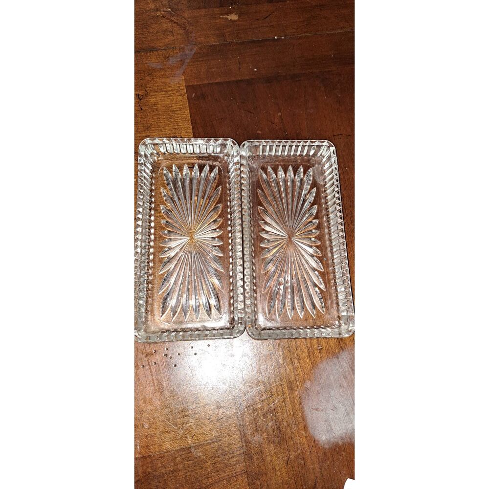 Vintage Pair Clear Pressed Glass Rectangular Trinket Dishes Starburst Pattern Sa